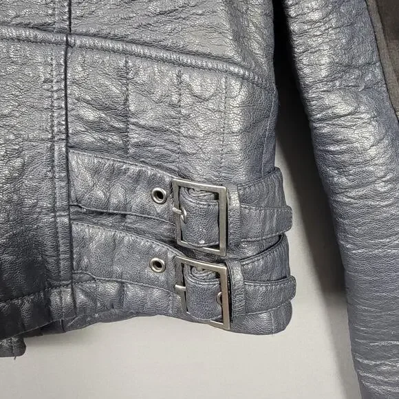 Bernardo Faux Leather Moto Biker Jacket Gray Asym Zip Buckle Hardware - Picture 3 of 10